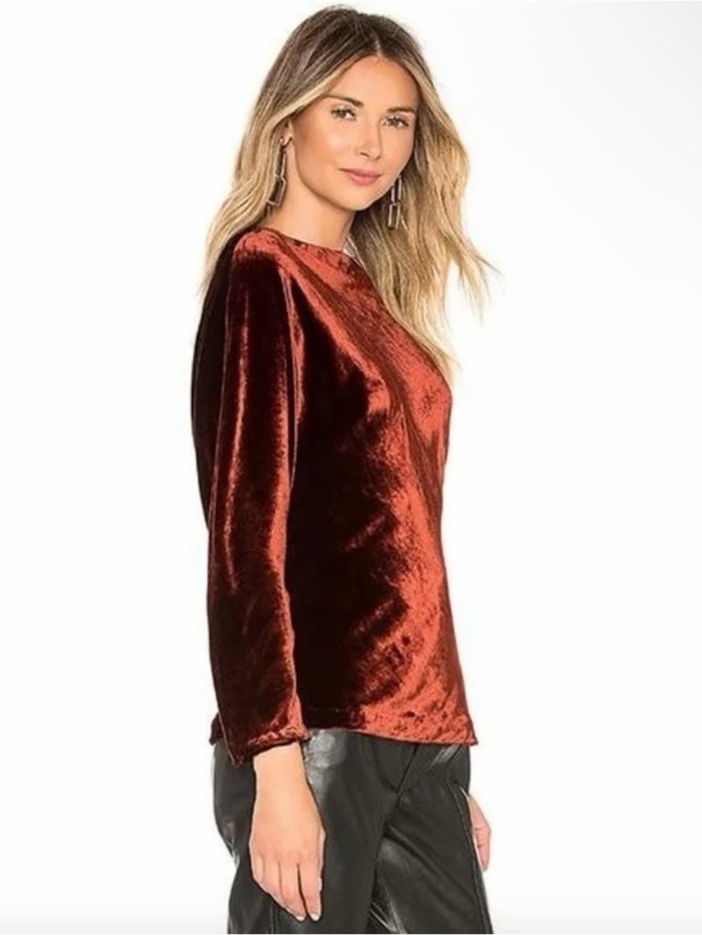 A.L.C Miller Velvet Cowl Neck Long Sleeve Blouse in Cognac